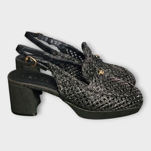 Aerosoles Womens Santiago Black Raffia Slingback Block Heel Loafers Size 10M